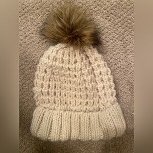 Abercrombie & Fitch Cream Knit Beanie with Brown Pom-Pom